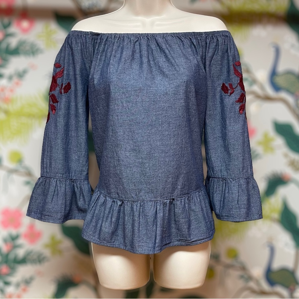 Boho Floral Chambray Off-Shoulder Top
